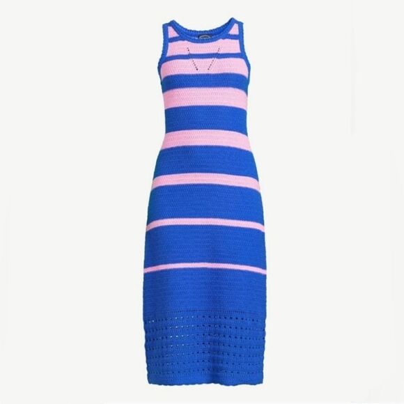 Scoop NYC Blue Pink Striped Crochet Knit Open Knit Midi Dress in Surf the Web M - Picture 2 of 10